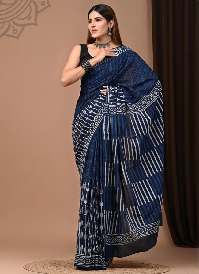 Cotton Navy Blue Daily Wear Printed Saree